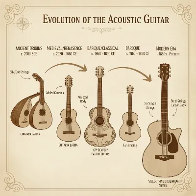 A historical evolution diagram showing ancient lutes transforming into classical and then steel-string acoustic guitars.