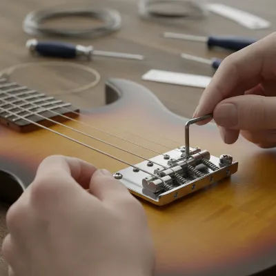 A person's hands adjusting the bridge saddles on an electric guitar with an Allen key to fix fret buzz