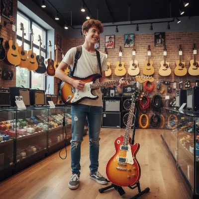 A person happily trying out different electric guitars in a music store, considering their options.