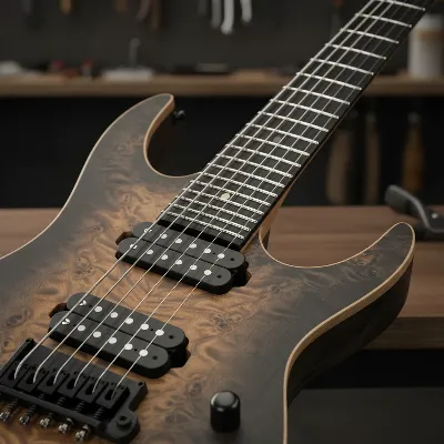 A close-up of a modern 7-string electric guitar neck and fretboard, showcasing multi-scale frets and active pickups.