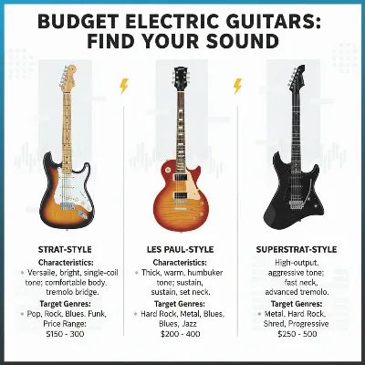 Infographic comparing features of popular budget electric guitars for beginners.