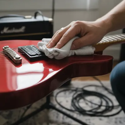 A person wiping down the glossy body of an electric guitar with a soft microfiber cloth, reflecting light on its pristine surface.