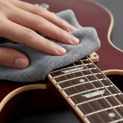 Electric guitar strings being wiped down with a microfiber cloth by a musician's hand
