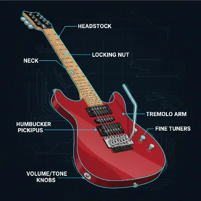 An illustrative diagram showing the detailed construction of an electric guitar with a Floyd Rose tremolo system, highlighting body, neck, pickups, bridge, and locking nut.