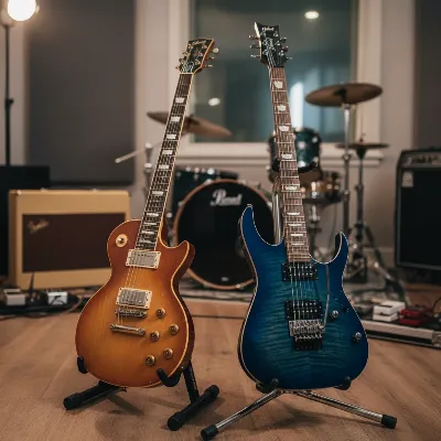 A vintage electric guitar alongside a modern electric guitar, showcasing the evolution of the instrument over decades, in a studio setting with warm lighting.