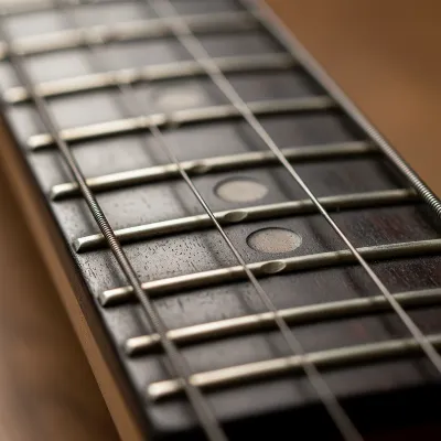 Close-up of an electric guitar fretboard showing worn frets that can cause intonation problems.