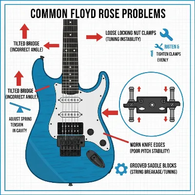 An infographic showing common issues with a Floyd Rose tremolo system and visual troubleshooting tips, like checking bridge parallelism and knife edges.