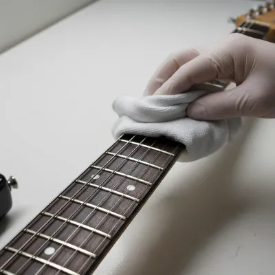 Musician cleaning an electric guitar fretboard with a specialized cleaner and cloth