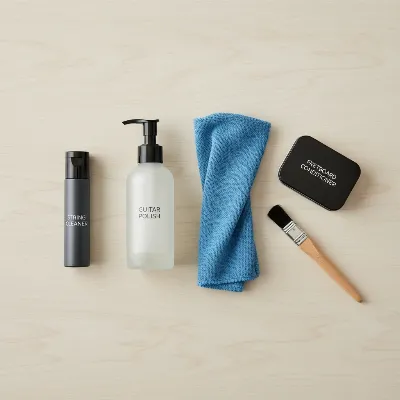 Electric guitar cleaning kit with polish, cloth, and string cleaner for maintenance.