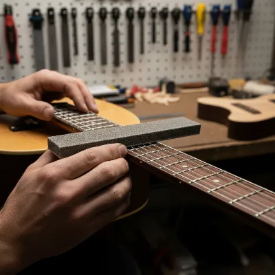 Guitar tech performing fret leveling on a guitar neck