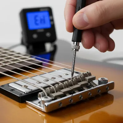 A close-up of a hand adjusting a bridge saddle on an electric guitar for intonation, with a tuner visible in the background.