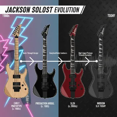 Illustration showing the historical evolution of the Jackson Soloist electric guitar, highlighting its key design features from early models to modern iterations, set against a backdrop of evolving rock and metal music scenes.
