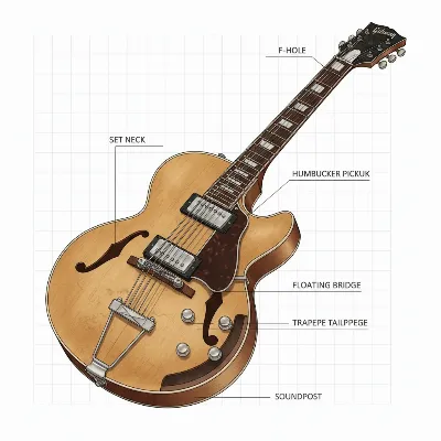 Detailed diagram of a hollow body electric guitar's internal and external components crucial for jazz tone