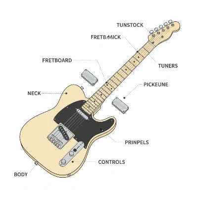 Diagram illustrating the detailed parts of an electric guitar Telecaster